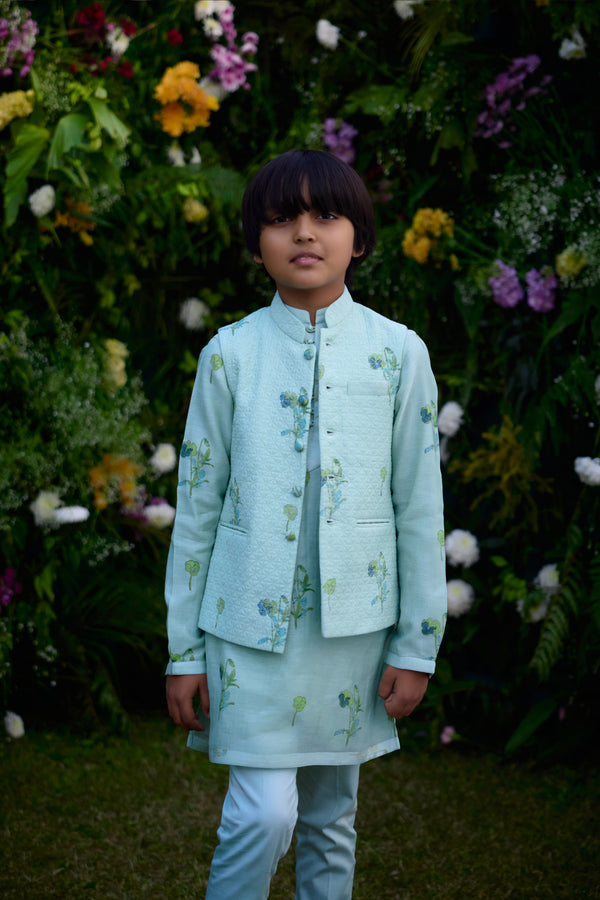 Aqua Blue Kurta & Waistcoat Set