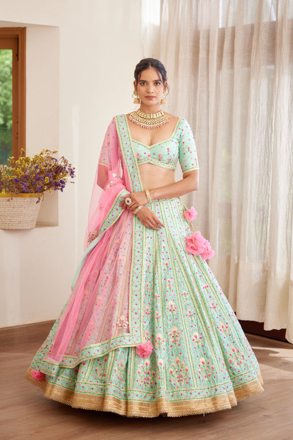 Sea Green & Pink Lehenga Set.