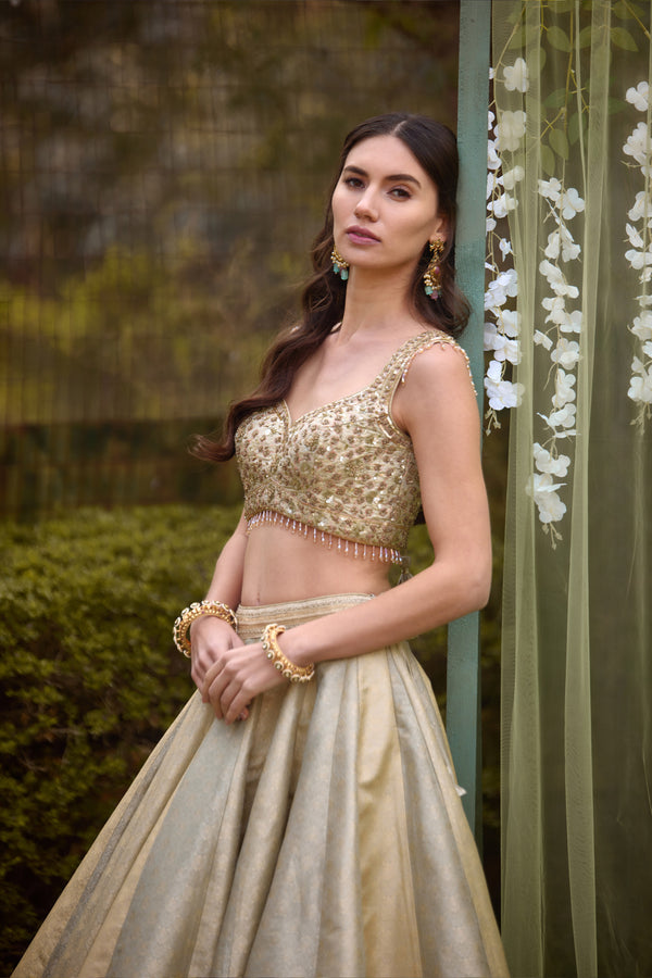 Smokey Grey-Blue Lehenga Set.