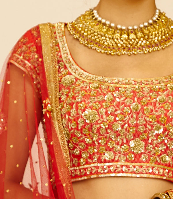 Orange Red Lehenga Set.