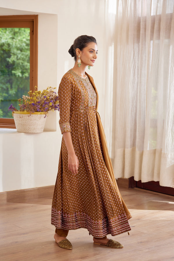Brown Anarkali Set.