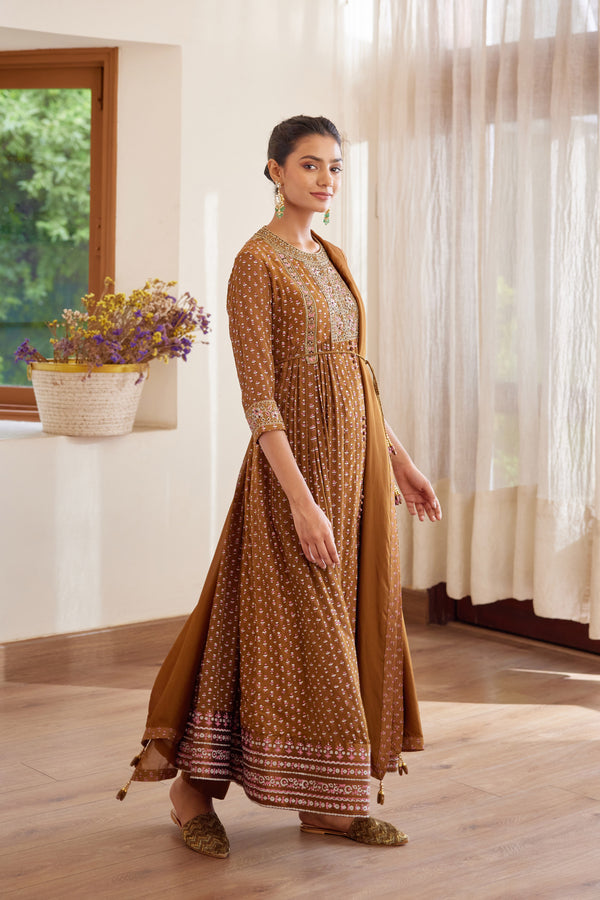 Brown Anarkali Set.