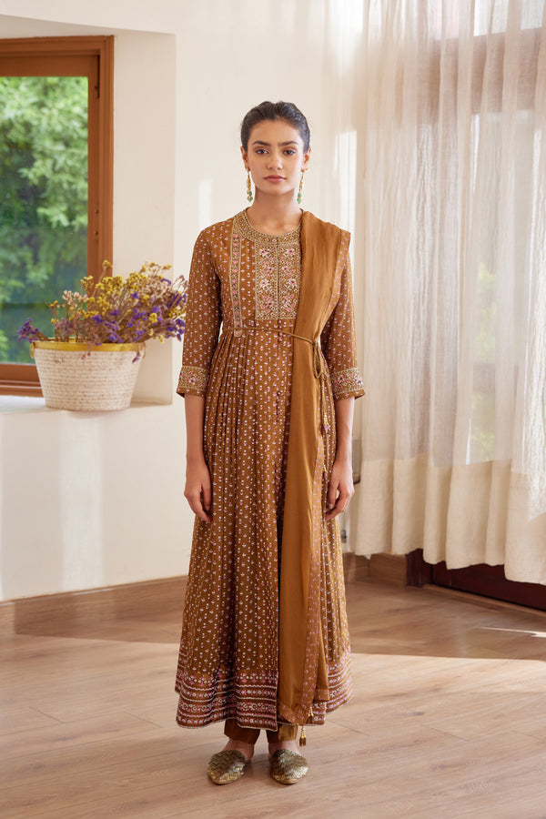Brown Anarkali Set.