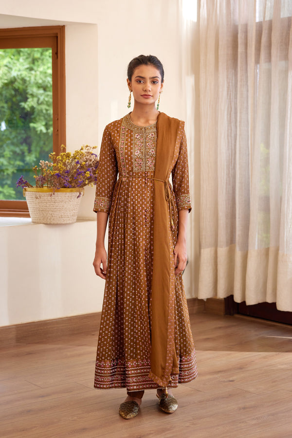 Brown Anarkali Set.