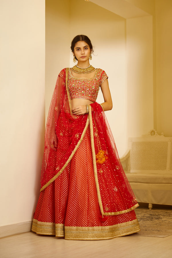 Orange Red Lehenga Set.