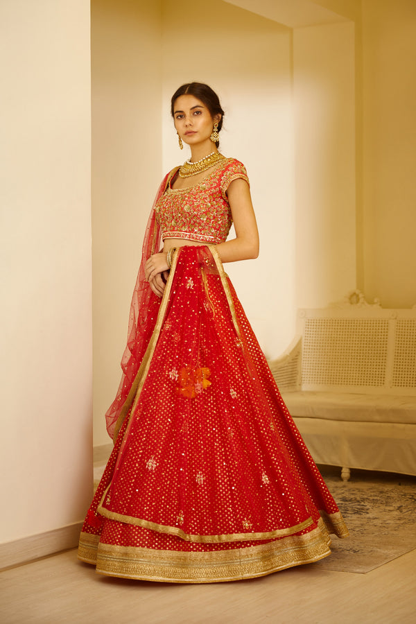 Orange Red Lehenga Set.