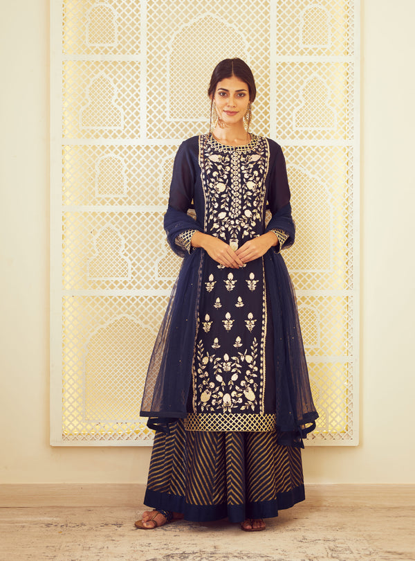 Navy Blue Kurta and skirt set.