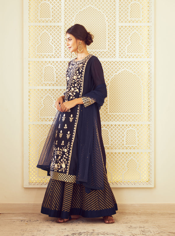Navy Blue Kurta and skirt set.