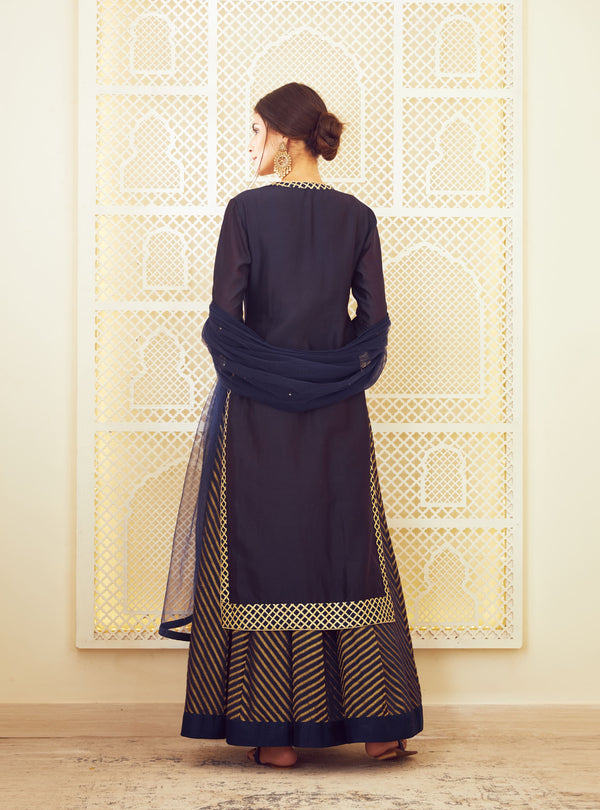 Navy Blue Kurta and skirt set.