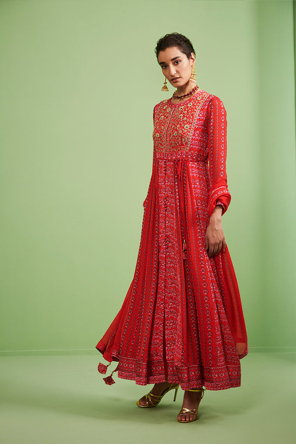 Red Anarkali Set.