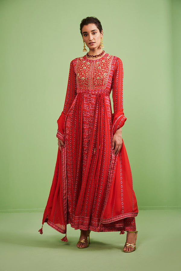 Red Anarkali Set.