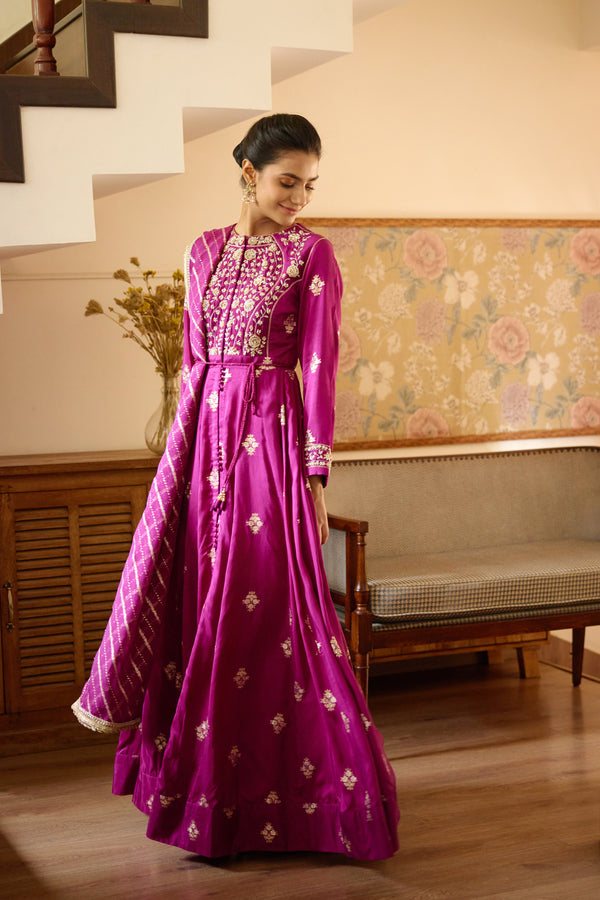 Wine Anarkali Set.