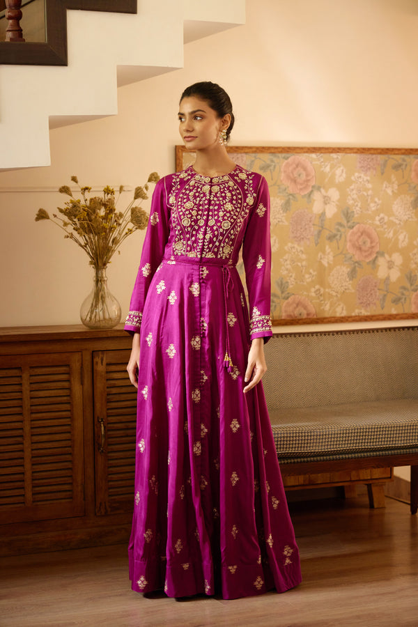 Wine Anarkali Set.