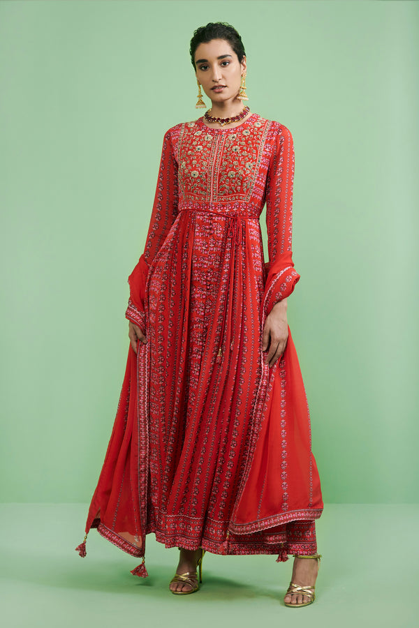 Red Anarkali Set.