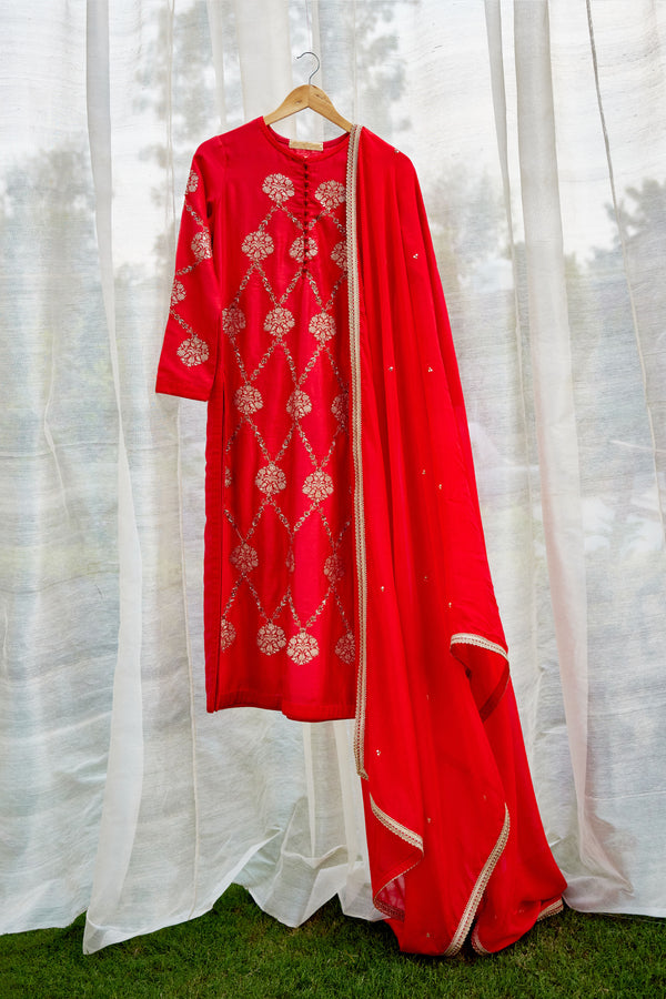 Red Maroon Kurta Set.
