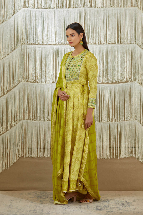 Mustard Green Anarkali set.