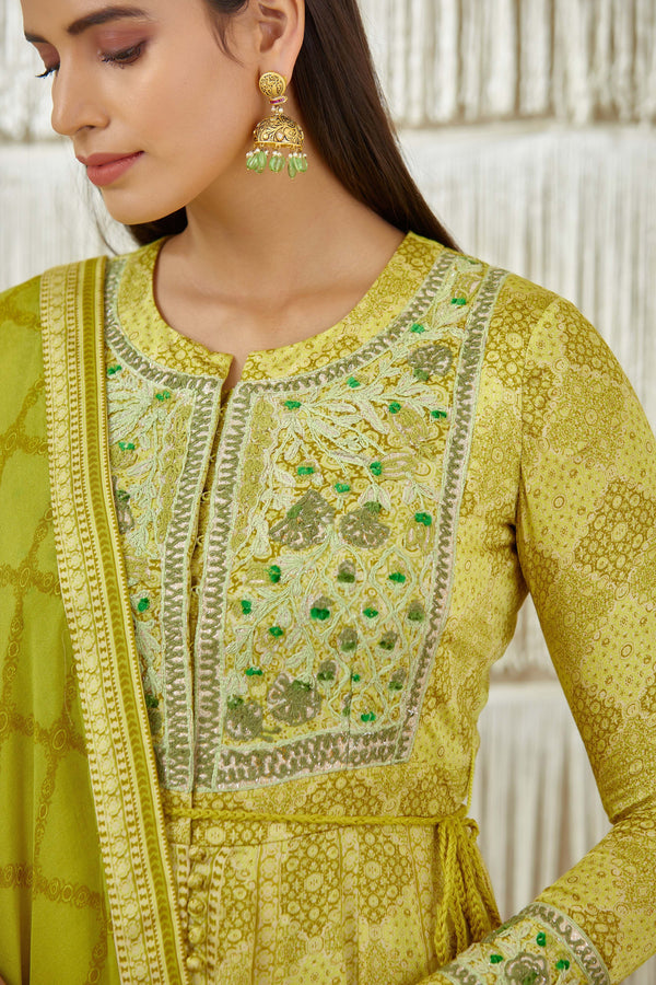 Mustard Green Anarkali set.