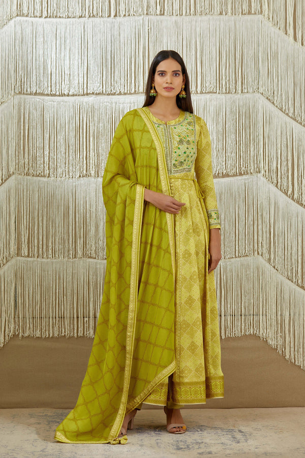 Mustard Green Anarkali set.