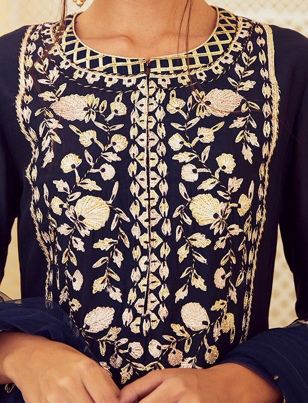 Navy Blue Kurta and skirt set.