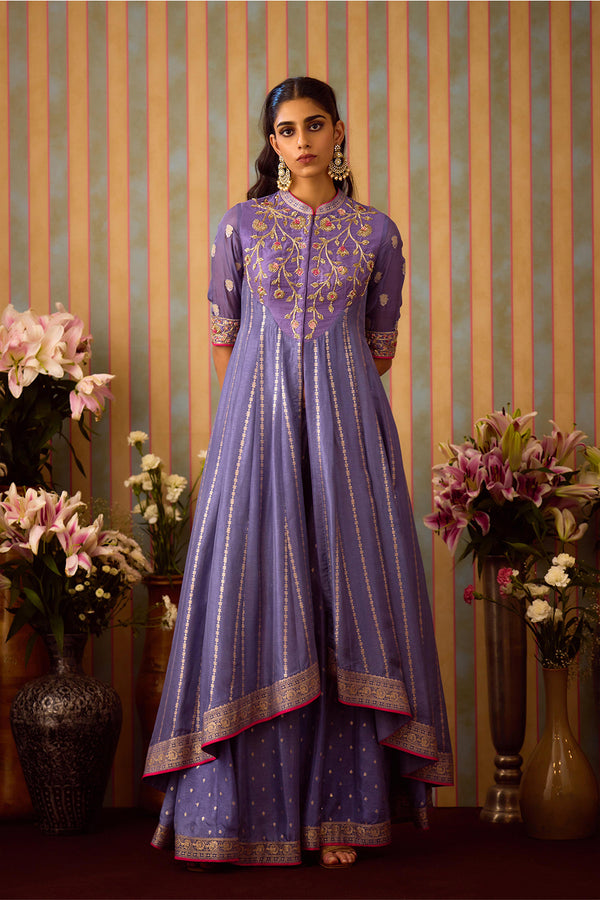 Peri Purple Anarkali Sharara Set.