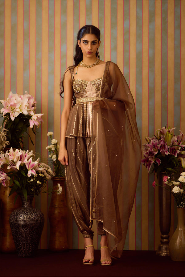 Cocoa Brown Top & Dhoti Set.