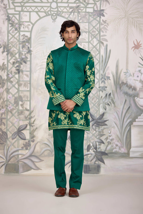 Forest Green Kurta & Waistcoat Set.