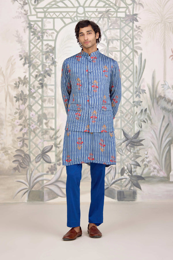 Blue Kurta & Waistcoat Set.