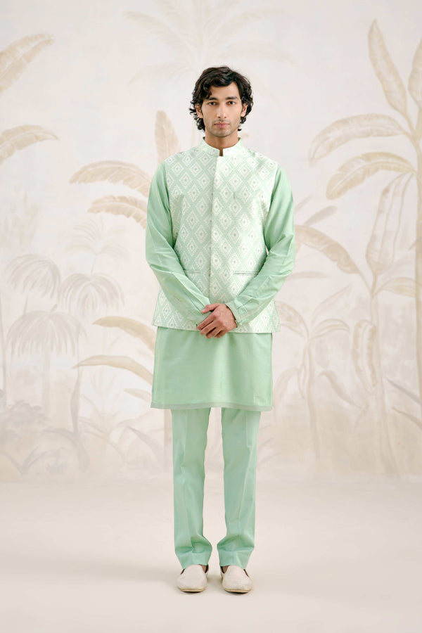 Sea Green Kurta & Waistcoat Set.