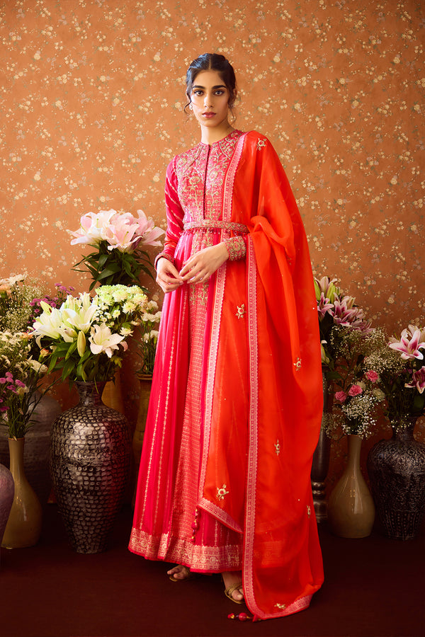 Mandarin Maroon Anarkali Set.