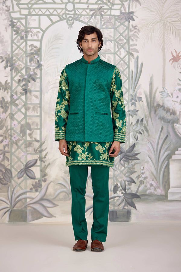 Forest Green Kurta & Waistcoat Set.