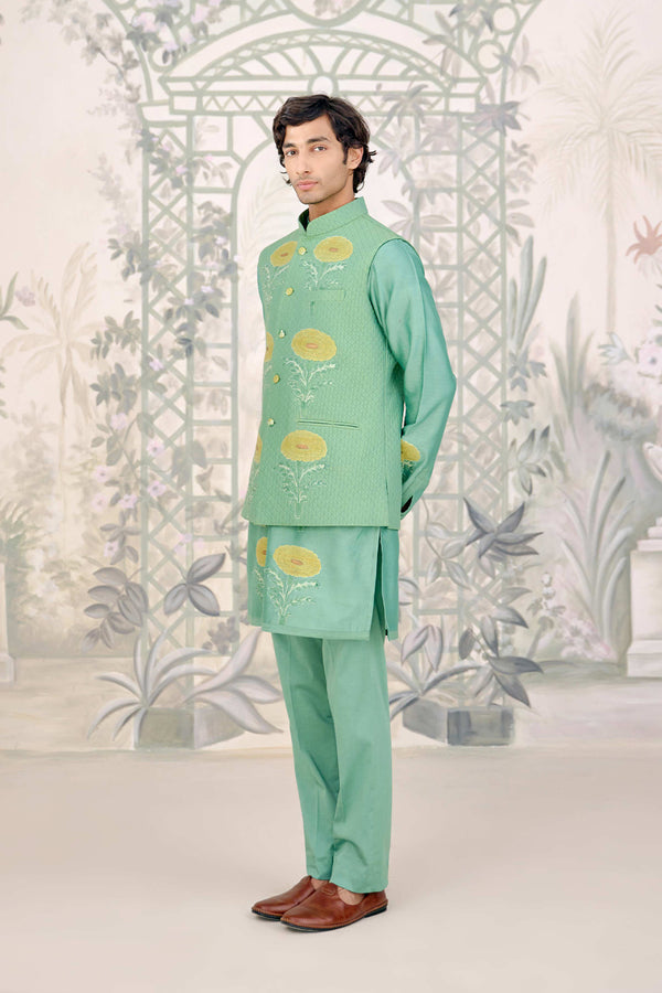 Green Kurta & Waistcoat Set.