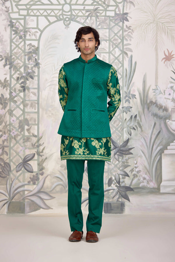 Forest Green Kurta & Waistcoat Set.