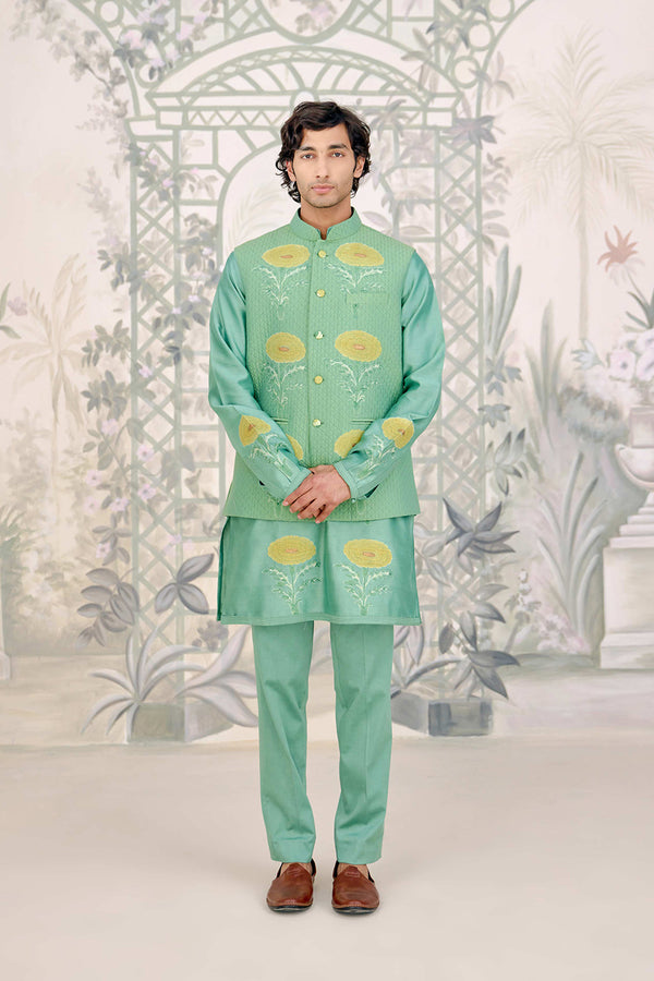 Green Kurta & Waistcoat Set.