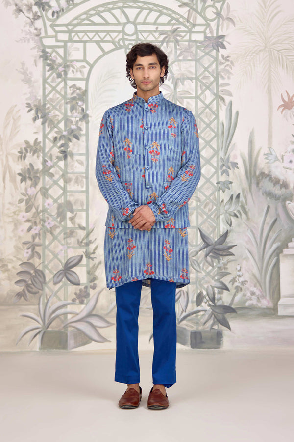 Blue Kurta & Waistcoat Set.