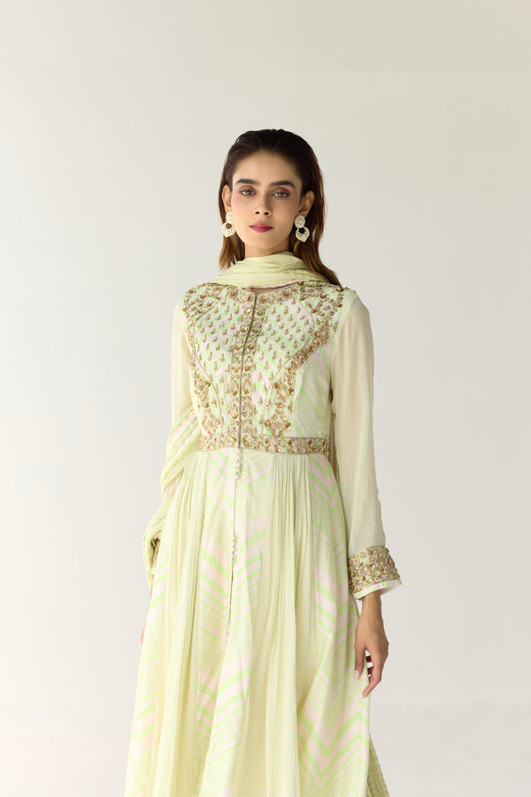 White - Jade Green Anarkali Set