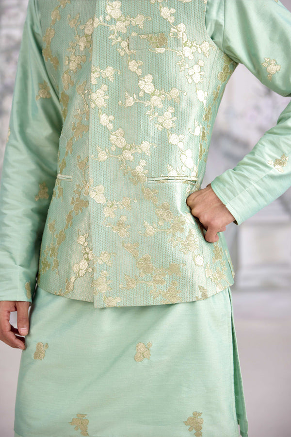 Sea Green Kurta & Waistcoat Set.
