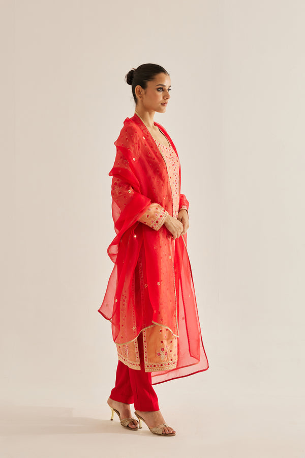 Coral Red Kurta Set.