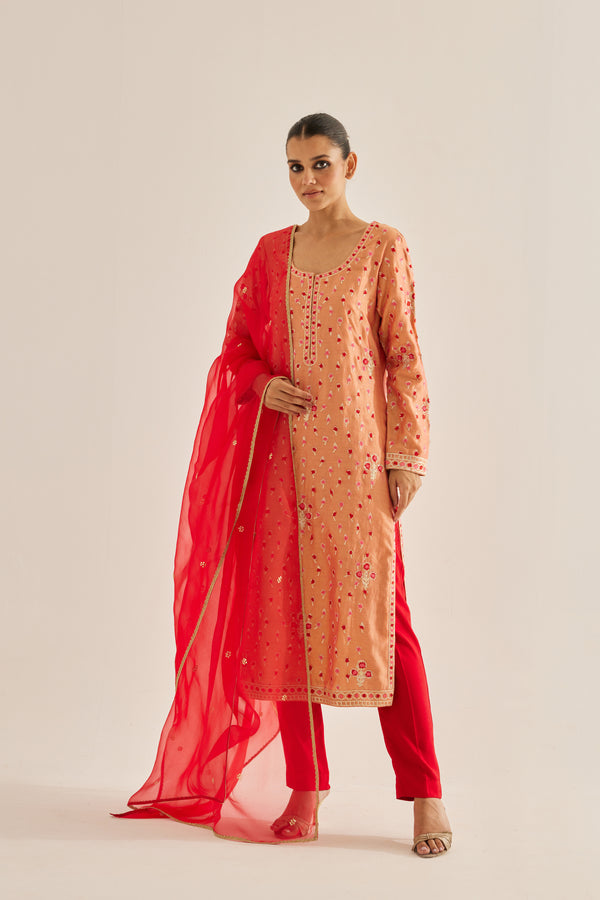 Coral Red Kurta Set.