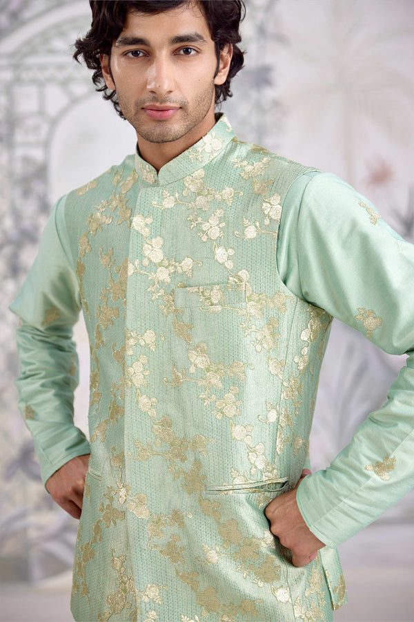 Sea Green Kurta & Waistcoat Set.