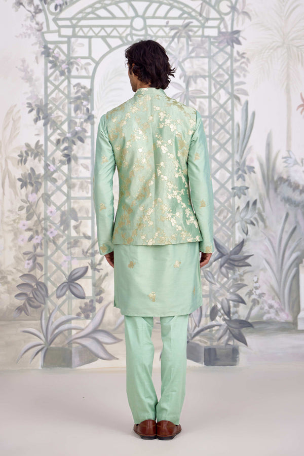 Sea Green Kurta & Waistcoat Set.