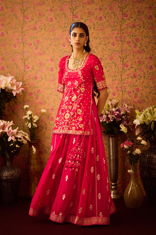 Scarlet Red Choli Lehenga Set.