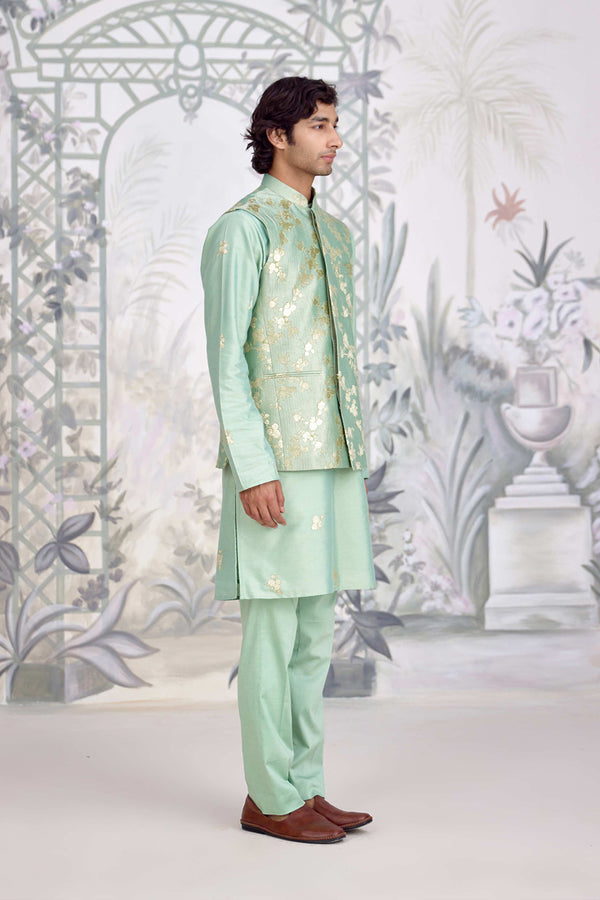 Sea Green Kurta & Waistcoat Set.