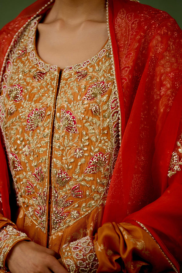 Golden Orange Anarkali Set.
