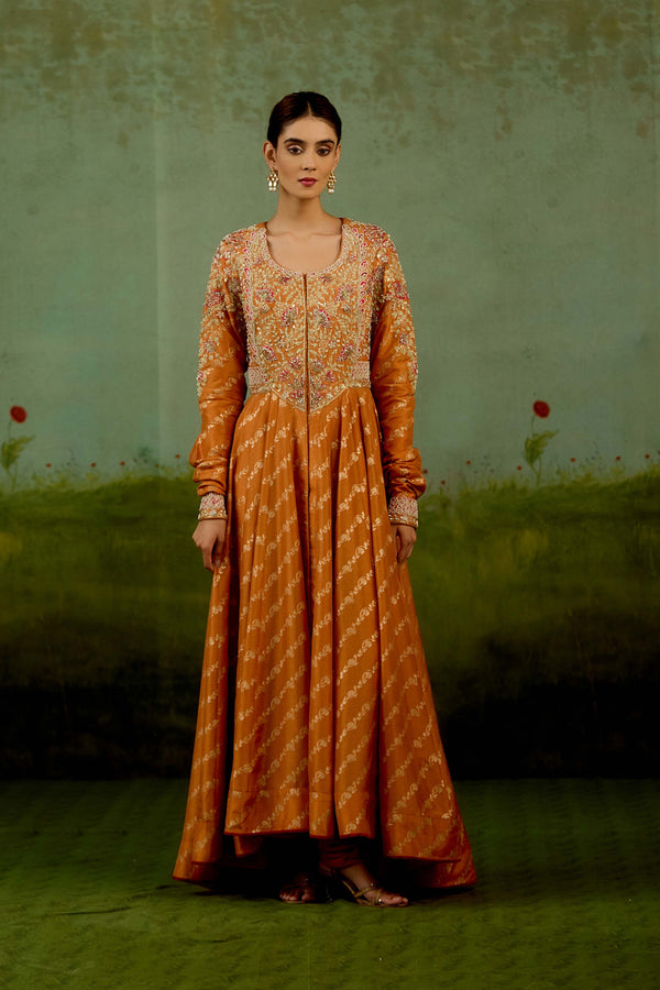 Golden Orange Anarkali Set.