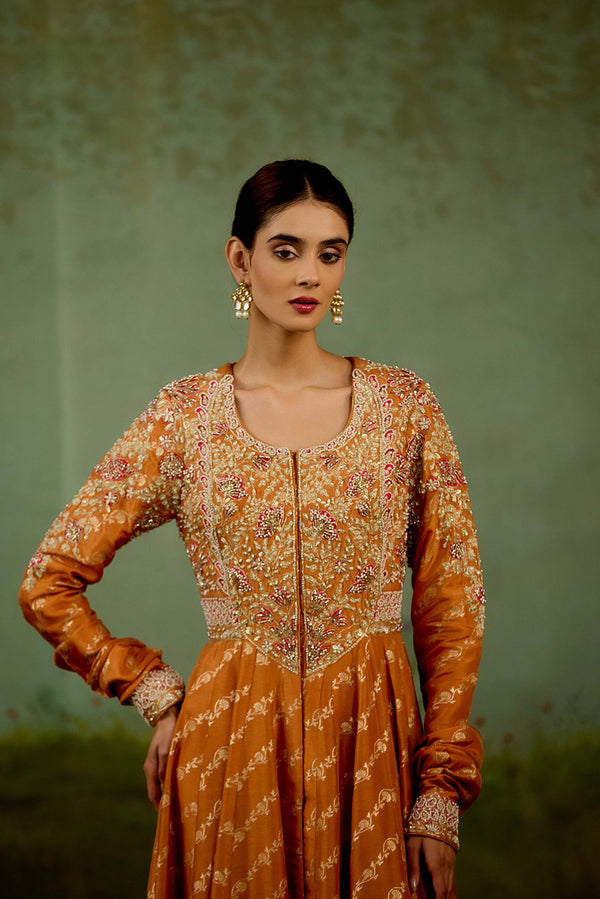 Golden Orange Anarkali Set.
