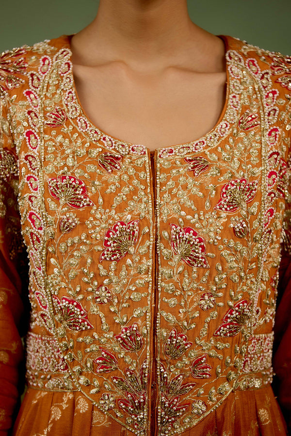 Golden Orange Anarkali Set.