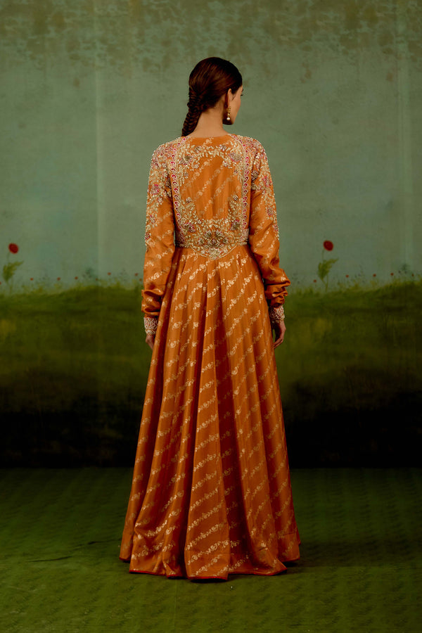 Golden Orange Anarkali Set.