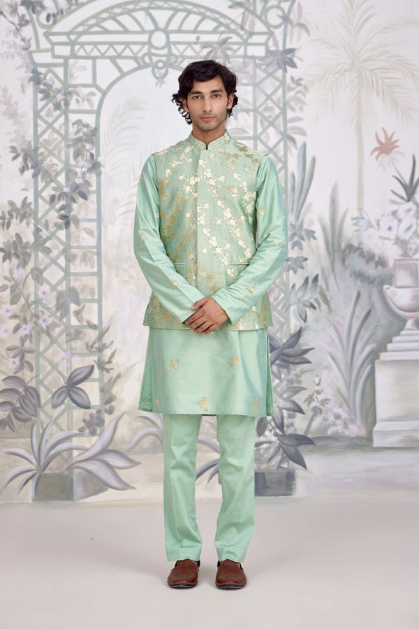 Sea Green Kurta & Waistcoat Set.
