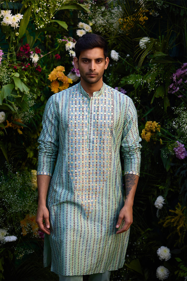 Smoke Green Kurta & Waistcoat Set