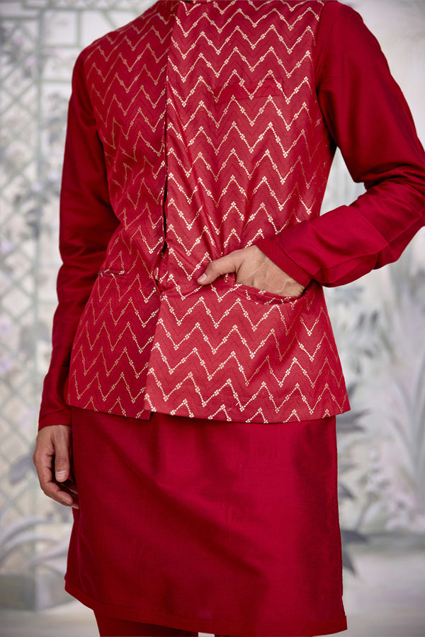 Maroon Kurta & Waistcoat Set.